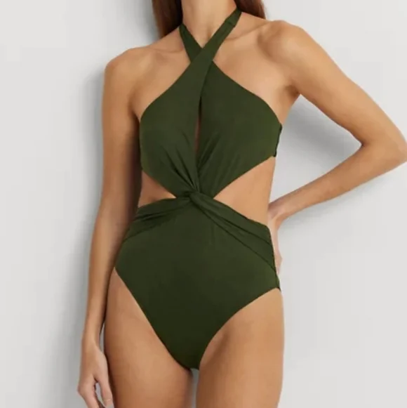 Lauren Ralph Lauren Dark Green Halter Swimsuit - Picture 2 of 3